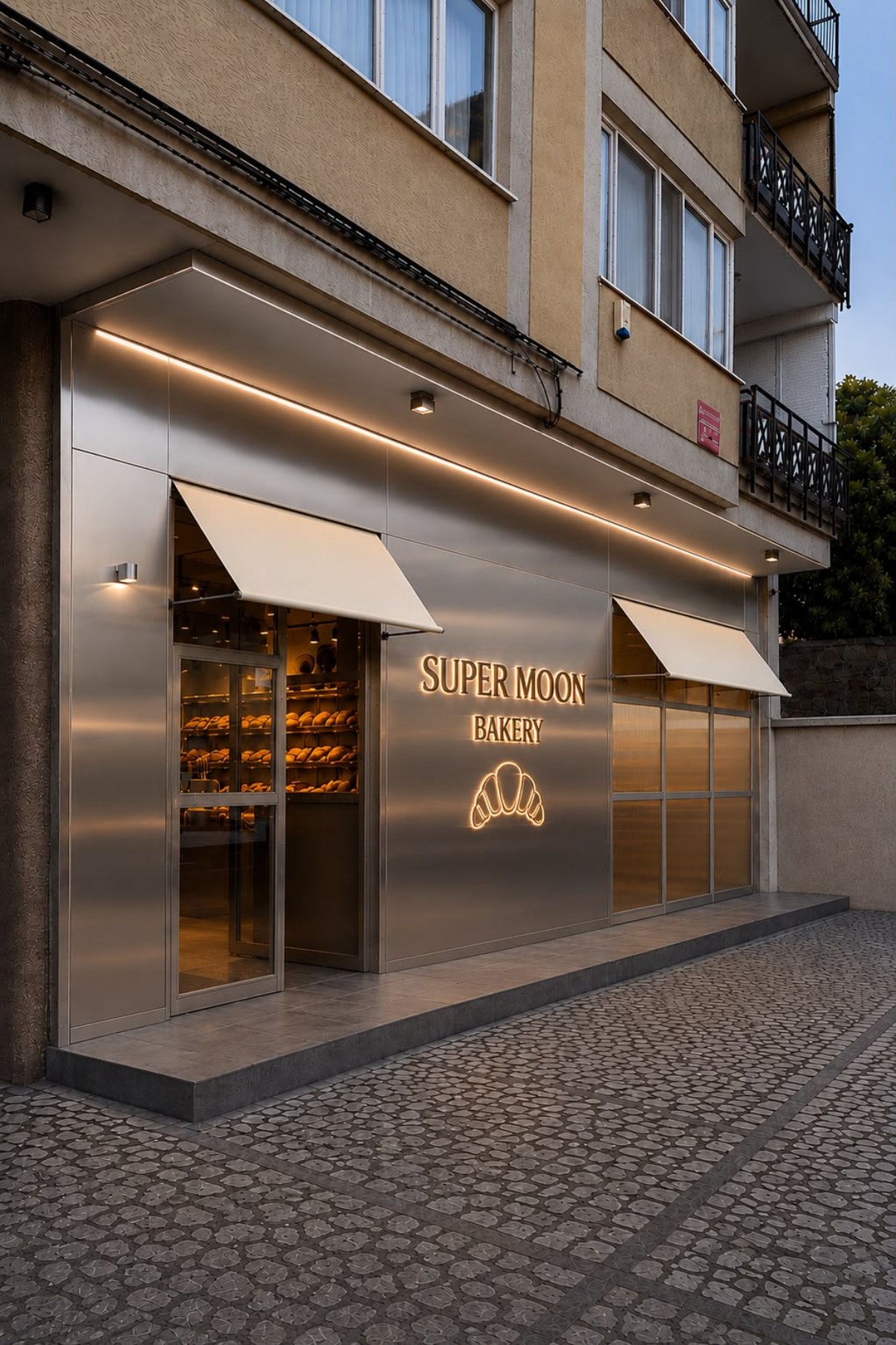Supermoon Bakery’s stainless-steel shopfront at dusk
