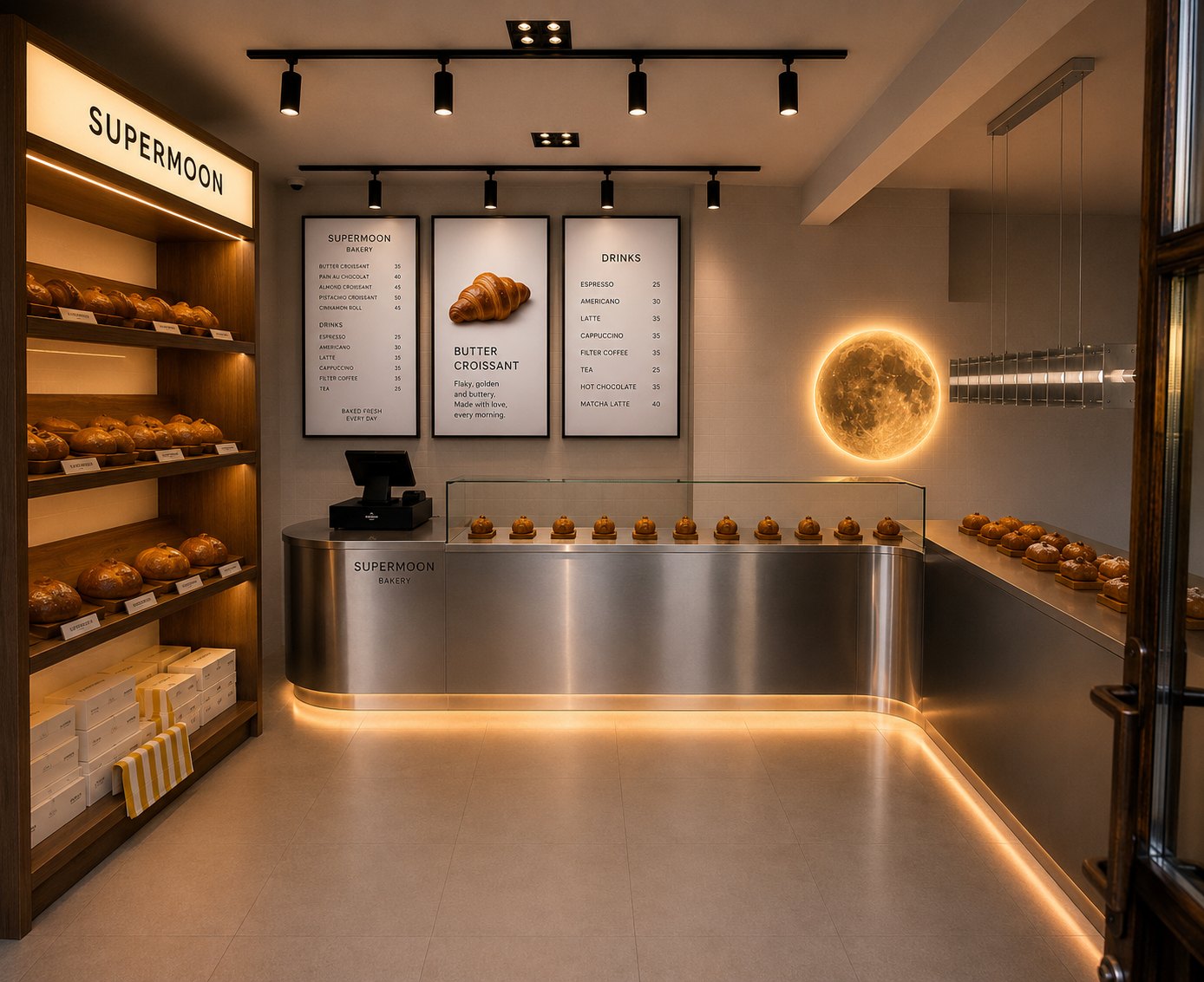 Inside Supermoon Bakery: a stainless-steel counter, croissants on the shelves and a glowing moon on the wall